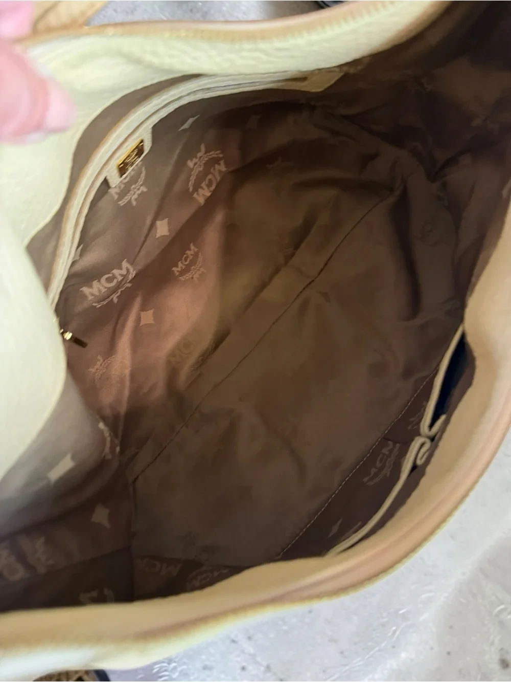 MCM Taupe Pebbled Leather Shoulder Bag with Gold Hardware